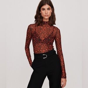 Maje Rouge Red Black Floral Mesh Top | Sheer Long Sleeve High Neck 1 Small
